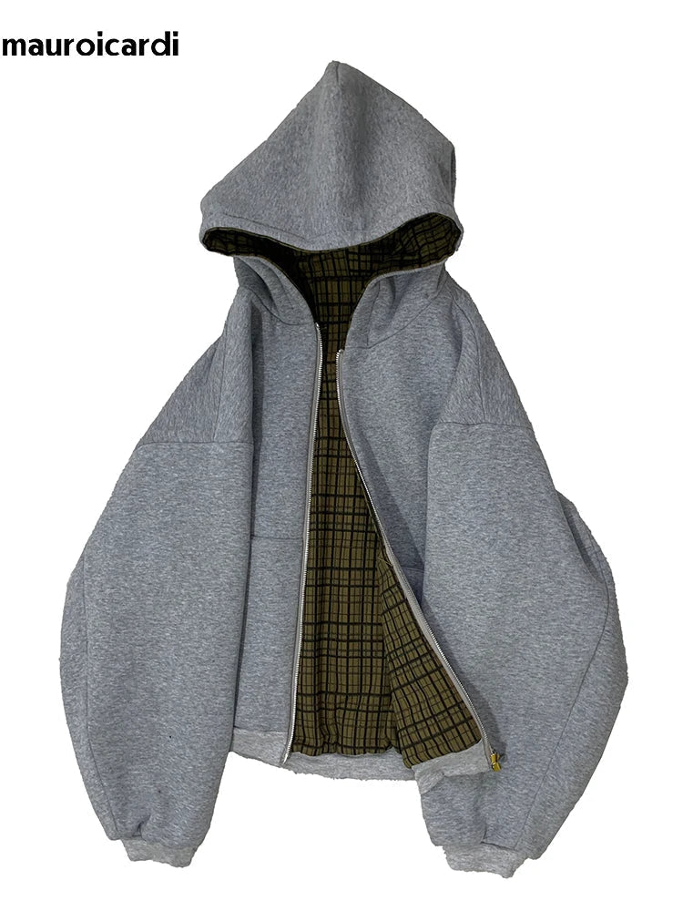 Reversible Plaid-Lined Oversized Hoodie