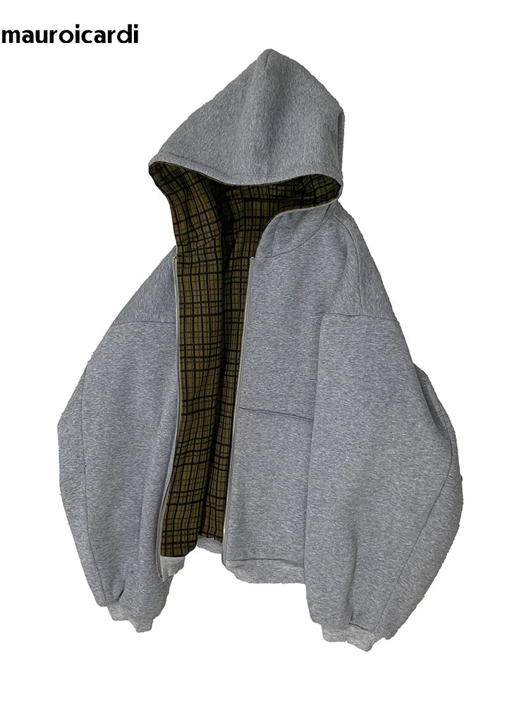 Reversible Plaid-Lined Oversized Hoodie